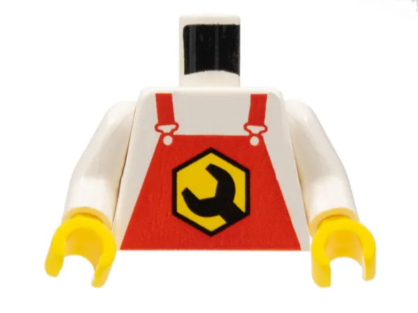 Torso Overalls Red with Black Wrench Head in Yellow Hexagon Pattern / White Arms / Yellow Hands