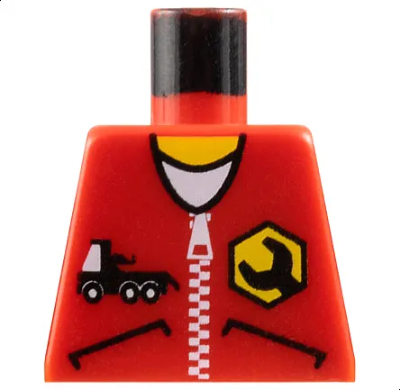 Torso Jacket with Pockets, Zipper, Truck, and Wrench Logo over White Shirt, Yellow Neck Pattern