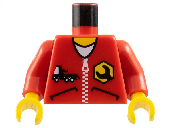 Torso Jacket with Pockets, Zipper, Truck, and Wrench Logo over White Shirt, Yellow Neck Pattern / Red Arms / Yellow Hands
