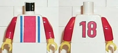 Torso Soccer Vertical Red and Blue Stripes and Number 18 on Back Pattern / Red Arms / Yellow Hands