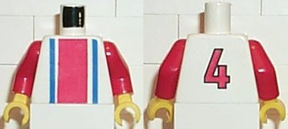 Torso Soccer Vertical Red and Blue Stripes and Number 4 on Back Pattern / Red Arms / Yellow Hands