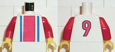 Torso Soccer Vertical Red and Blue Stripes and Number 9 on Back Pattern / Red Arms / Yellow Hands