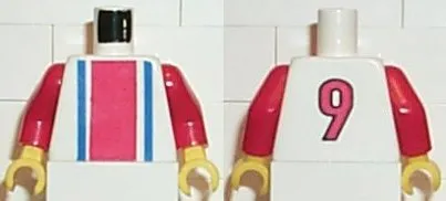 Torso Soccer Vertical Red and Blue Stripes and Number 9 on Back Pattern / Red Arms / Yellow Hands
