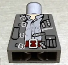 Torso Jacket Open with Zipper, Pocket, and Straps with Buckles over Light Bluish Gray Shirt with Buttons, Dark Red Belt with Silver Buckle, Light Nougat Neck Pattern