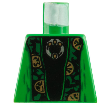 Torso Robe Open with Dark Green and Gold Trim over Black Shirt, Silver Brooch Pattern