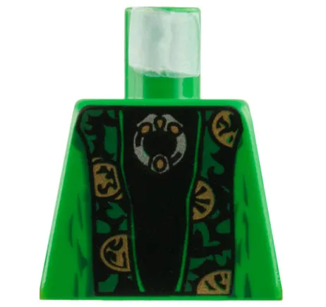 Torso Robe Open with Dark Green and Gold Trim over Black Shirt, Silver Brooch Pattern