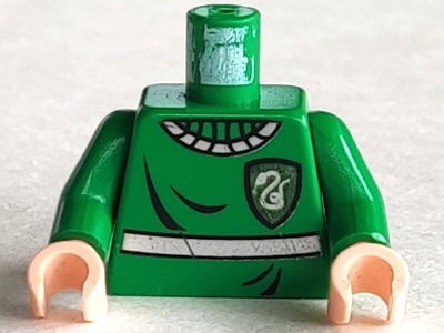 Torso HP Slytherin Quidditch Uniform with Silver Stripe, Ribbed Collar and Snake on Dark Green Badge Pattern / Green Arms / Light Nougat Hands