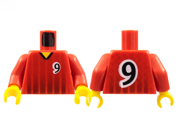 Torso Soccer Black Fading Stripes and Number 9 Front and Back Pattern / Red Arms / Yellow Hands