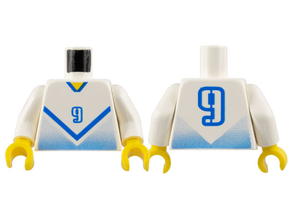 Torso Soccer Jersey Shirt with Blue Chevron and Number  9, Yellow Neck Pattern / White Arms / Yellow Hands