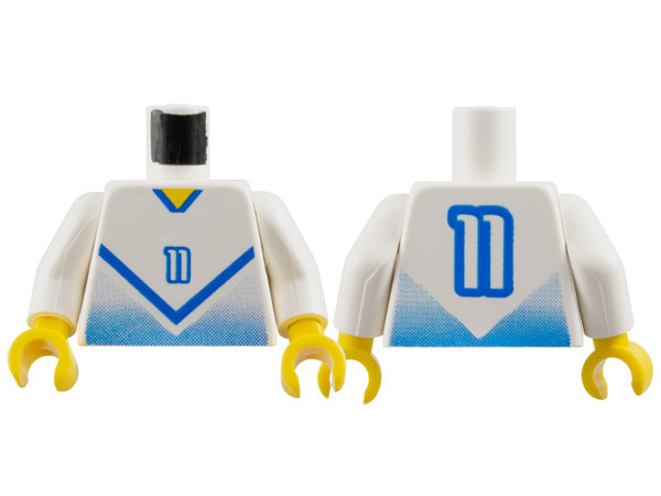 Torso Soccer Jersey Shirt with Blue Chevron and Number 11, Yellow Neck Pattern / White Arms / Yellow Hands