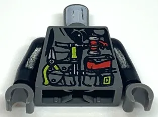 Torso Dino Vest with Lime Handle Tools and Red Pocket Book Pattern / Black Arms / Dark Bluish Gray Hands