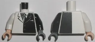 Torso Batman Suit with Black Half Panel, Tie Pattern / Black Arm Left / White Arm Right / Dark Bluish Gray Hand Left / Light Nougat Hand Right
