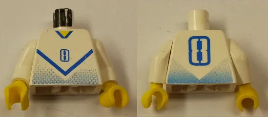 Torso Soccer Jersey Shirt with Blue Chevron and Number  8, Yellow Neck Pattern / White Arms / Yellow Hands