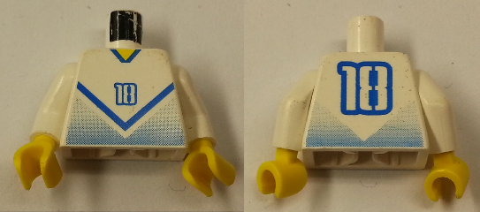 Torso Soccer Jersey Shirt with Blue Chevron and Number 18, Yellow Neck Pattern / White Arms / Yellow Hands