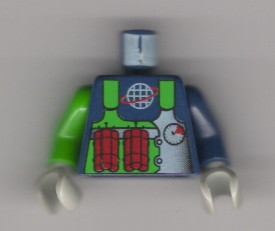 Torso Alpha Team Logo Green Vest, Dynamite Pattern / Dark Blue Arm Left / Green Arm Right / Light Gray Hands