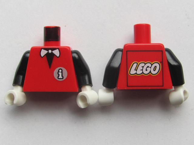 Torso Vest with White Lowercase Letter i on Light Gray Circle Infomaniac Logo over Black Shirt, Bow Tie, LEGO Logo on Back Pattern / Black Arms / White Hands