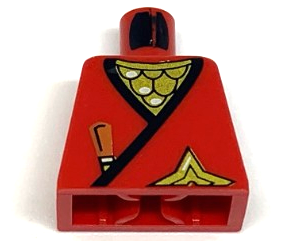 Torso Castle Ninja Wrap with Black Hem over Gold Scale Mail, Brown Dagger Handle, Shuriken Throwing Star Pattern