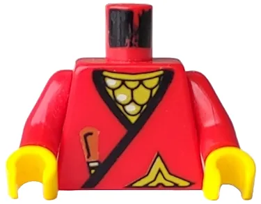 Torso Castle Ninja Wrap with Black Hem over Gold Scale Mail, Brown Dagger Handle, Shuriken Throwing Star Pattern / Red Arms / Yellow Hands