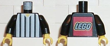 Torso Soccer Referee Vertical White Stripes and LEGO Logo Back Pattern / Black Arms / Yellow Hands