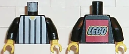 Torso Soccer Referee Vertical White Stripes and LEGO Logo Back Pattern / Black Arms / Yellow Hands