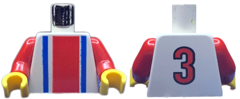 Torso Soccer Vertical Red and Blue Stripes and Number 3 on Back Pattern / Red Arms / Yellow Hands