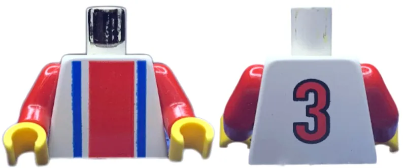 Torso Soccer Vertical Red and Blue Stripes and Number 3 on Back Pattern / Red Arms / Yellow Hands