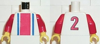 Torso Soccer Vertical Red and Blue Stripes and Number 2 on Back Pattern / Red Arms / Yellow Hands