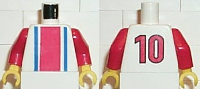 Torso Soccer Vertical Red and Blue Stripes and Number 10 on Back Pattern / Red Arms / Yellow Hands