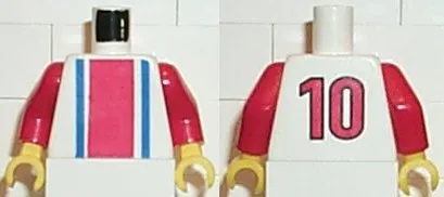 Torso Soccer Vertical Red and Blue Stripes and Number 10 on Back Pattern / Red Arms / Yellow Hands