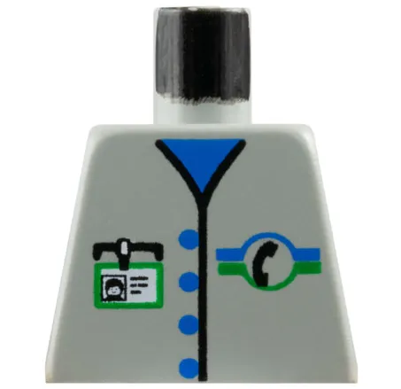 Torso Vest with Buttons and Black Telephone Logo over Blue Shirt, White ID Badge with Green Border Pattern