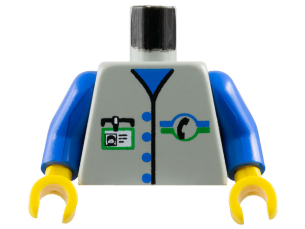 Torso Vest with Buttons and Black Telephone Logo over Blue Shirt, White ID Badge with Green Border Pattern / Blue Arms / Yellow Hands