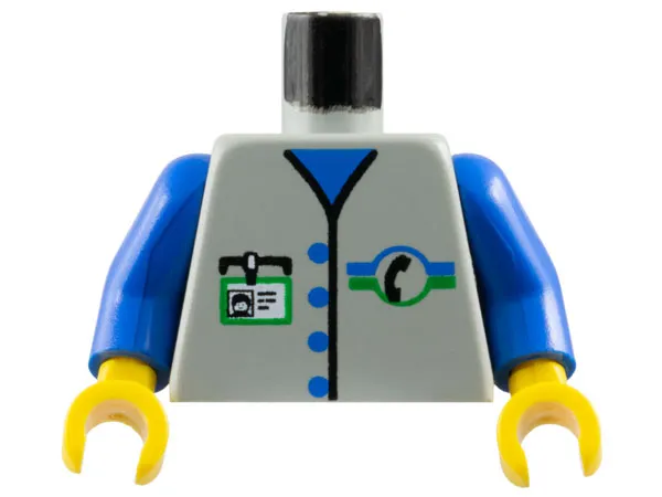 Torso Vest with Buttons and Black Telephone Logo over Blue Shirt, White ID Badge with Green Border Pattern / Blue Arms / Yellow Hands