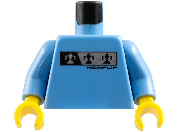Torso Gravity Games with Silver and Black Bird Logo, Black 'KICKFLIP' Pattern / Medium Blue Arms / Yellow Hands