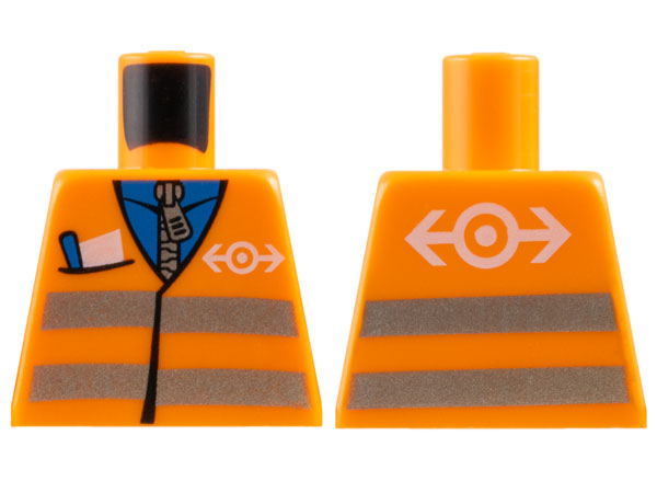 Torso Safety Vest with Silver Reflective Stripes, Pocket with Pencil and Paper, and White Train Logo over Blue Shirt with Zipper Pattern