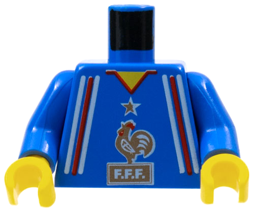 Torso Soccer Uniform Shirt with Red and White Stripes, Gold Star and Rooster Logo with 'F.F.F.', Yellow Neck Pattern / Blue Arms / Yellow Hands