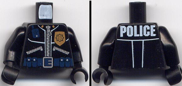 Torso Police Leather Jacket, Gold Badge, Radio, Ammo Belt, Police Pattern on Back / Black Arms / Black Hands