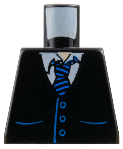 Torso Vest with Pockets and Buttons over White Shirt, Tie with Blue Stripes, Light Nougat Neck Pattern