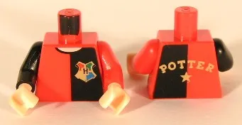 Torso Shirt with Black Left Half, Hogwarts Emblem, and Gold 'POTTER' and Star on Back, Light Nougat Neck Pattern / Red Arm Left / Black Arm Right / Light Nougat Hands