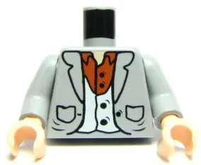 Torso Suit Jacket Open with Lapels and Pockets over White Vest with Black Buttons and Dark Orange Shirt, Light Nougat Neck Pattern / Light Bluish Gray Arms / Light Nougat Hands