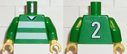 Torso Soccer Uniform Shirt with White Horizontal Stripes, Neck, and Number  2 on Back Pattern / Green Arms / Yellow Hands