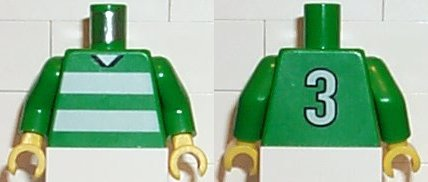 Torso Soccer Uniform Shirt with White Horizontal Stripes, Neck, and Number  3 on Back Pattern / Green Arms / Yellow Hands
