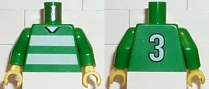 Torso Soccer Uniform Shirt with White Horizontal Stripes, Neck, and Number  3 on Back Pattern / Green Arms / Yellow Hands