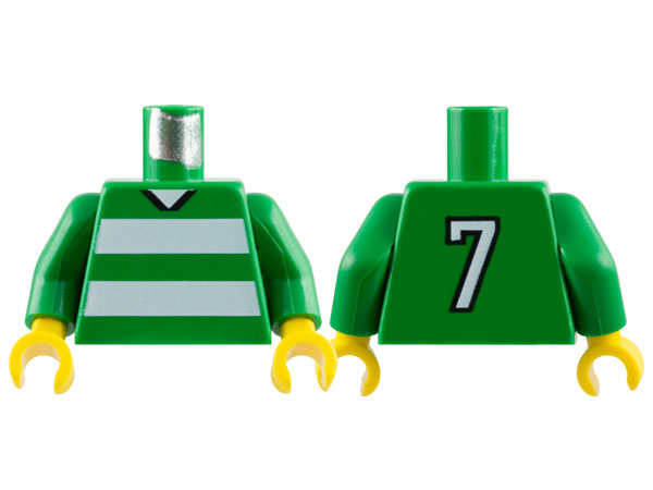 Torso Soccer Uniform Shirt with White Horizontal Stripes, Neck, and Number  7 on Back Pattern / Green Arms / Yellow Hands