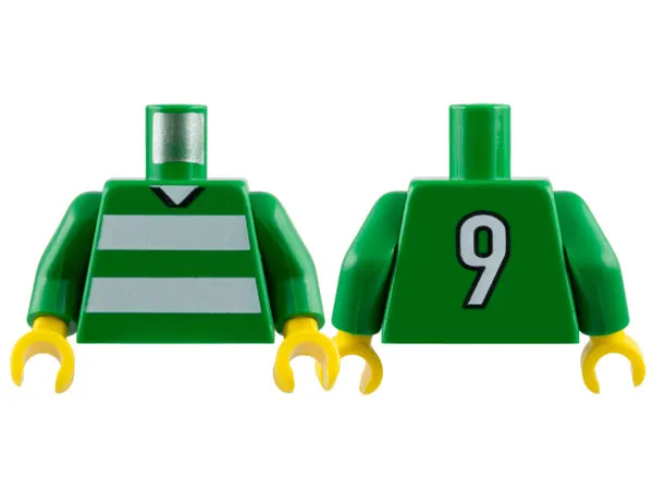 Torso Soccer Uniform Shirt with White Horizontal Stripes, Neck, and Number  9 on Back Pattern / Green Arms / Yellow Hands