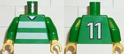 Torso Soccer Uniform Shirt with White Horizontal Stripes, Neck, and Number 11 on Back Pattern / Green Arms / Yellow Hands