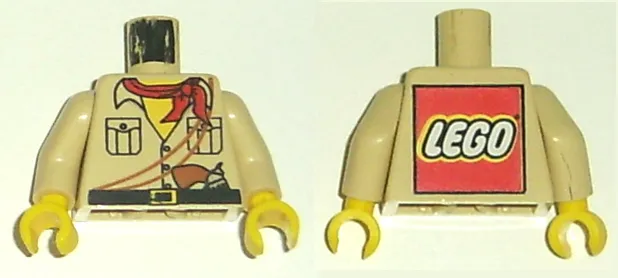 Torso Shirt with Buttons and Pockets, Black Belt with Yellow Buckle, Brown Pistol and Ropes, Red Bandana, Yellow Neck - LEGO Logo on Back Pattern / Tan Arms / Yellow Hands