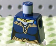 Torso Female Dress with Black Laces, Blue Straps and Gold Trim over White Shirt, Waist Sash with Crown, Necklace with Bead, Yellow Neck Pattern