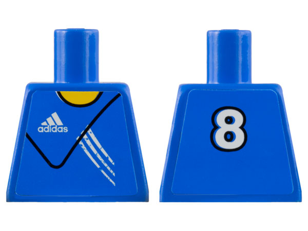 Torso Soccer Uniform Blue Shirt with White Adidas Logo, Stripes and Number 8 on Back, Yellow Neck Pattern (Stickers)