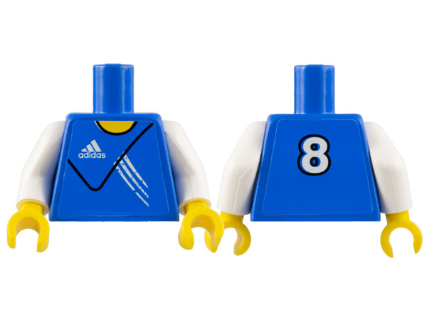 Torso Soccer Uniform Blue Shirt with White Adidas Logo, Stripes and Number 8 on Back, Yellow Neck Pattern (Stickers) / White Arms / Yellow Hands
