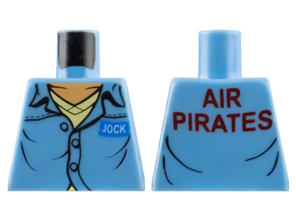 Torso Button Up Shirt with Open Collar, White 'JOCK' on Blue Name Badge, and Dark Red 'AIR PIRATES' on Back over Bright Light Yellow V-Neck, Light Nougat Neck Pattern
